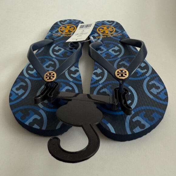 NWT Tory Burch Thin Flip Flop Mixed Logo Blue Sandals Size 5 Summer 10054-K20 - Picture 6 of 9